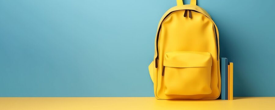 Back to school. Yellow backpack with books and school stuff on blue background 3D Rendering. Banner, a place for text, copy space. Generative AI