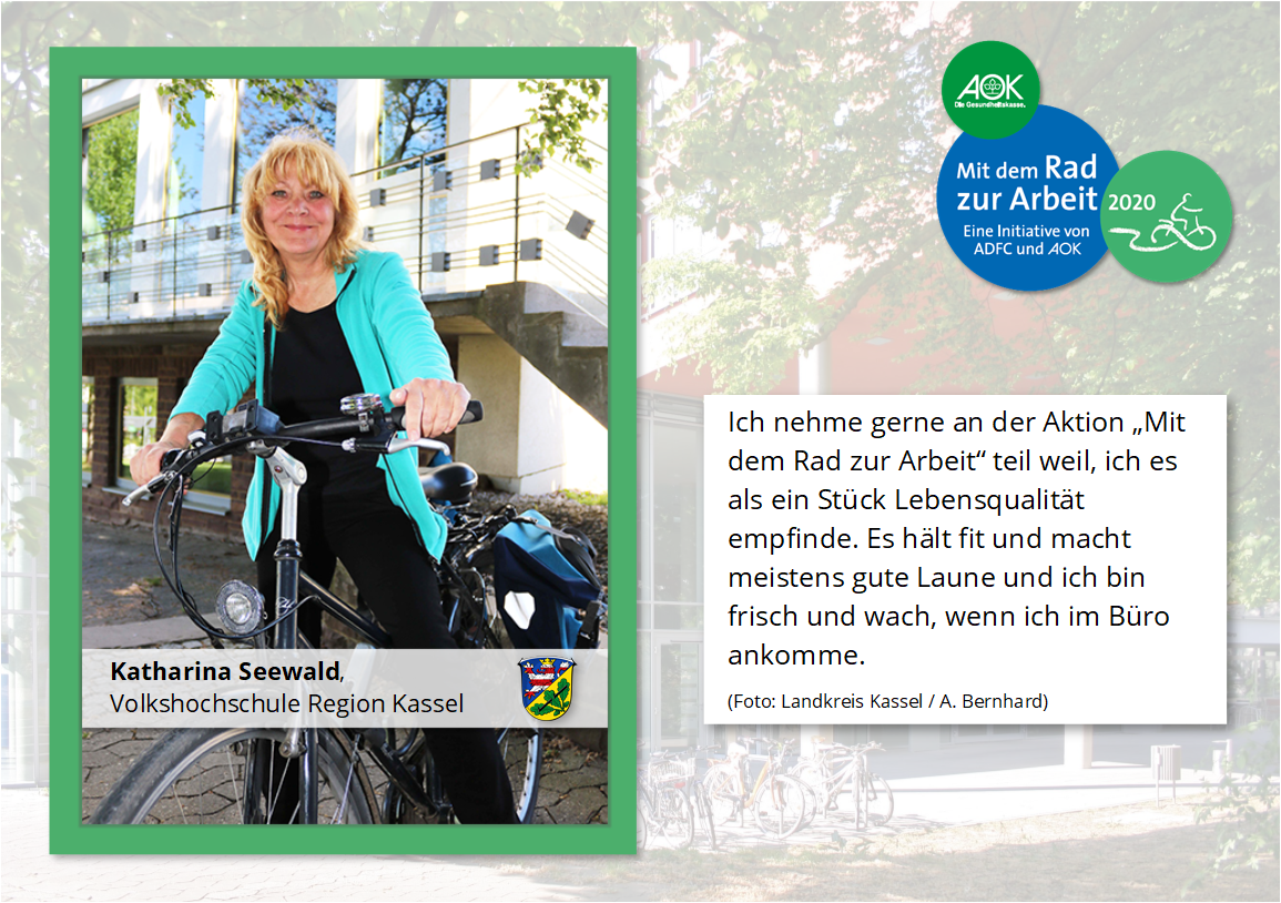Katharina Seewald: Ich nehme gerne an der Aktion „Mit dem Rad zur Arbeit“ teil weil, ich es als ein Stück Lebensqualität empfinde. Es hält fit und macht meistens gute Laune und ich bin frisch und wach, wenn ich im Büro ankomme.