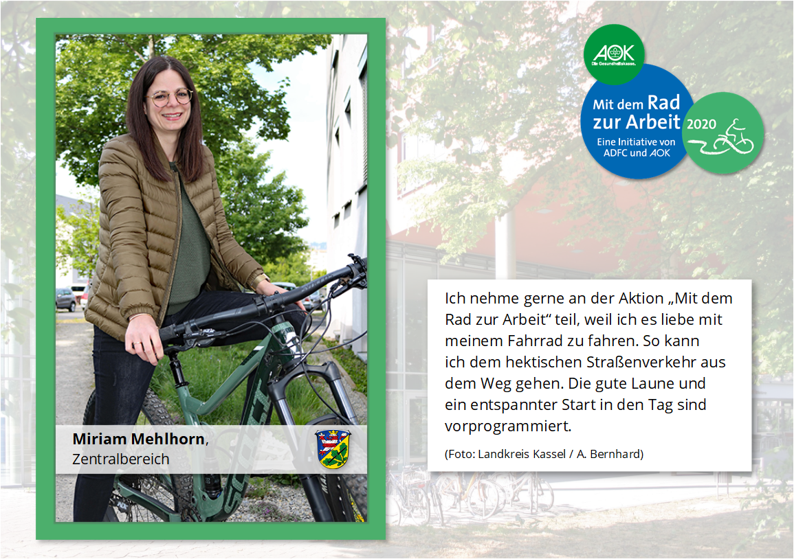 Miriam Mehlhorn: Ich nehme gerne an der Aktion „Mit dem Rad zur Arbeit“ teil, weil ich es liebe mit dem Fahrrad durch die Straßen zu fahren, die vielen Eindrücke aufzunehmen und mir schon morgens die Sonne ins Gesicht scheinen zu lassen. So kann ich dem hektischen Straßenverkehr aus dem Weg gehen. Die gute Laune und ein entspannter Start in den Tag sind vorprogrammiert.
